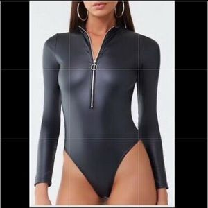 Faux-leather zip up bodysuit